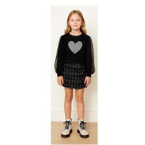 Black Long Sleeve Tops and Tweed Skirt Set